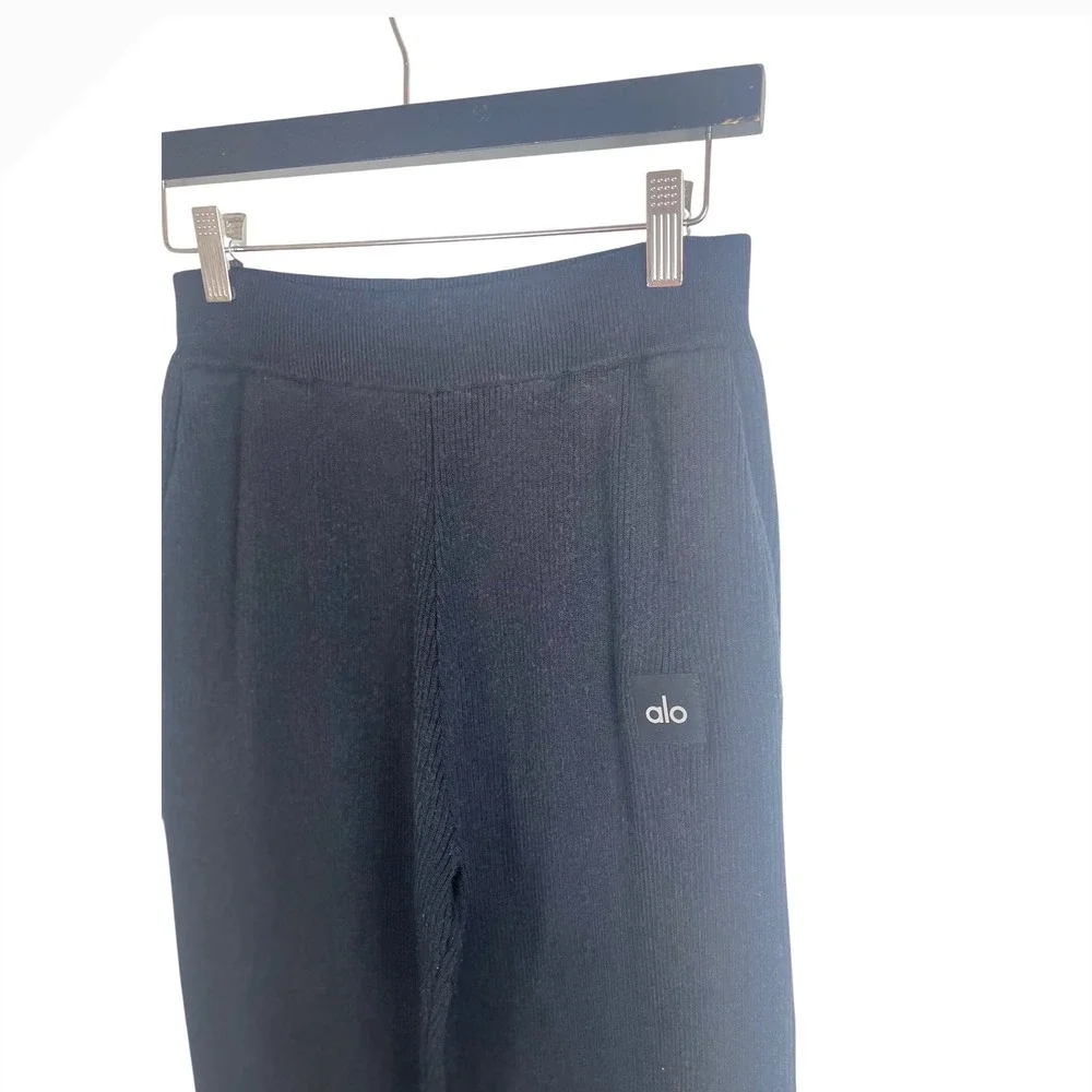 Alo Yoga Salana Knit High-Waist Wide Leg Pant Black Ribbed Side Slit XS